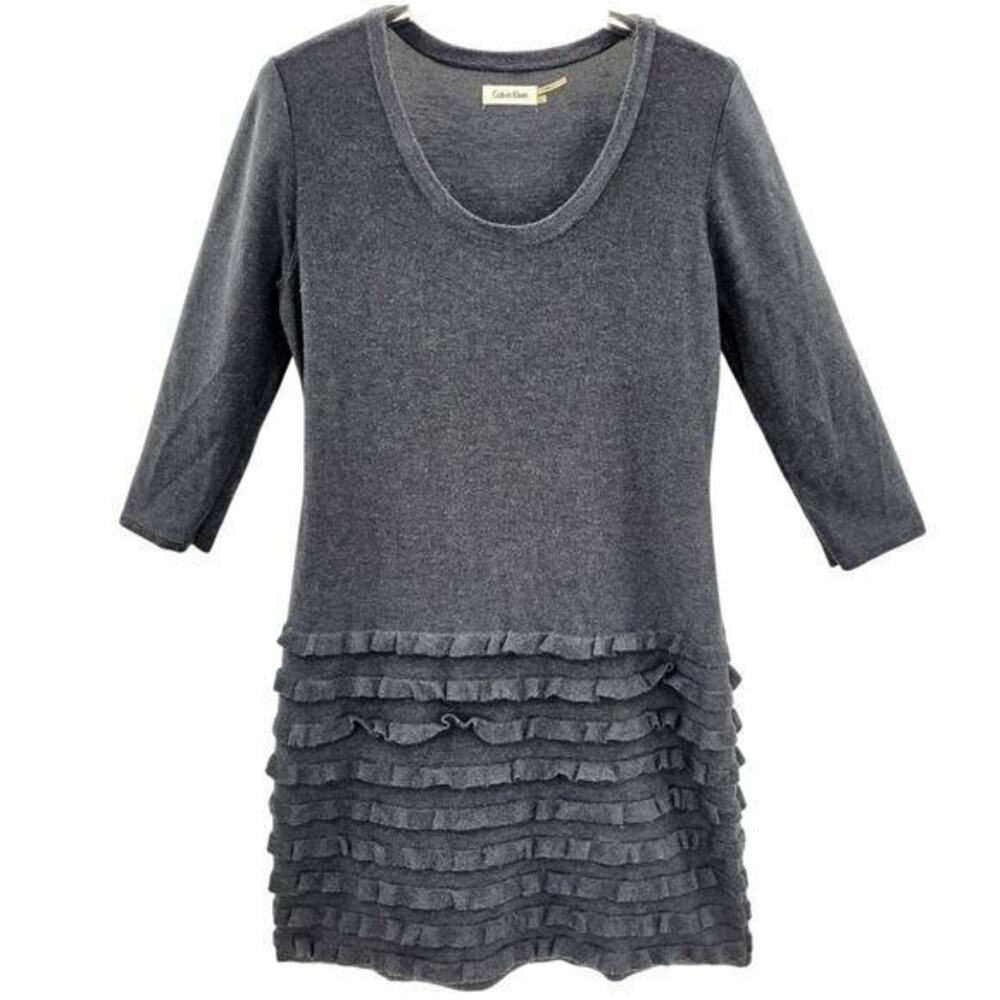 Calvin Klein Gray Knit Whimsy Goth Ruffle Skirt‎ Midi Bodycon Sweater Dress